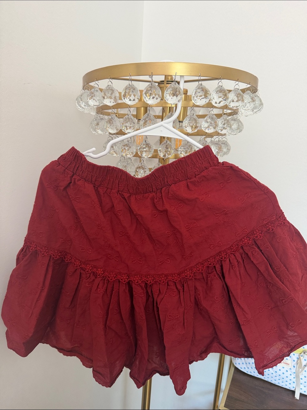 Red Embroidered Tiered Mini Skirt